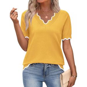 Zeagoo Women’s Short Sleeve Sweater 2026 Spring Summer V Neck Lightweight Tops Dressy Blouses Business Casual Outfits(Yellow)