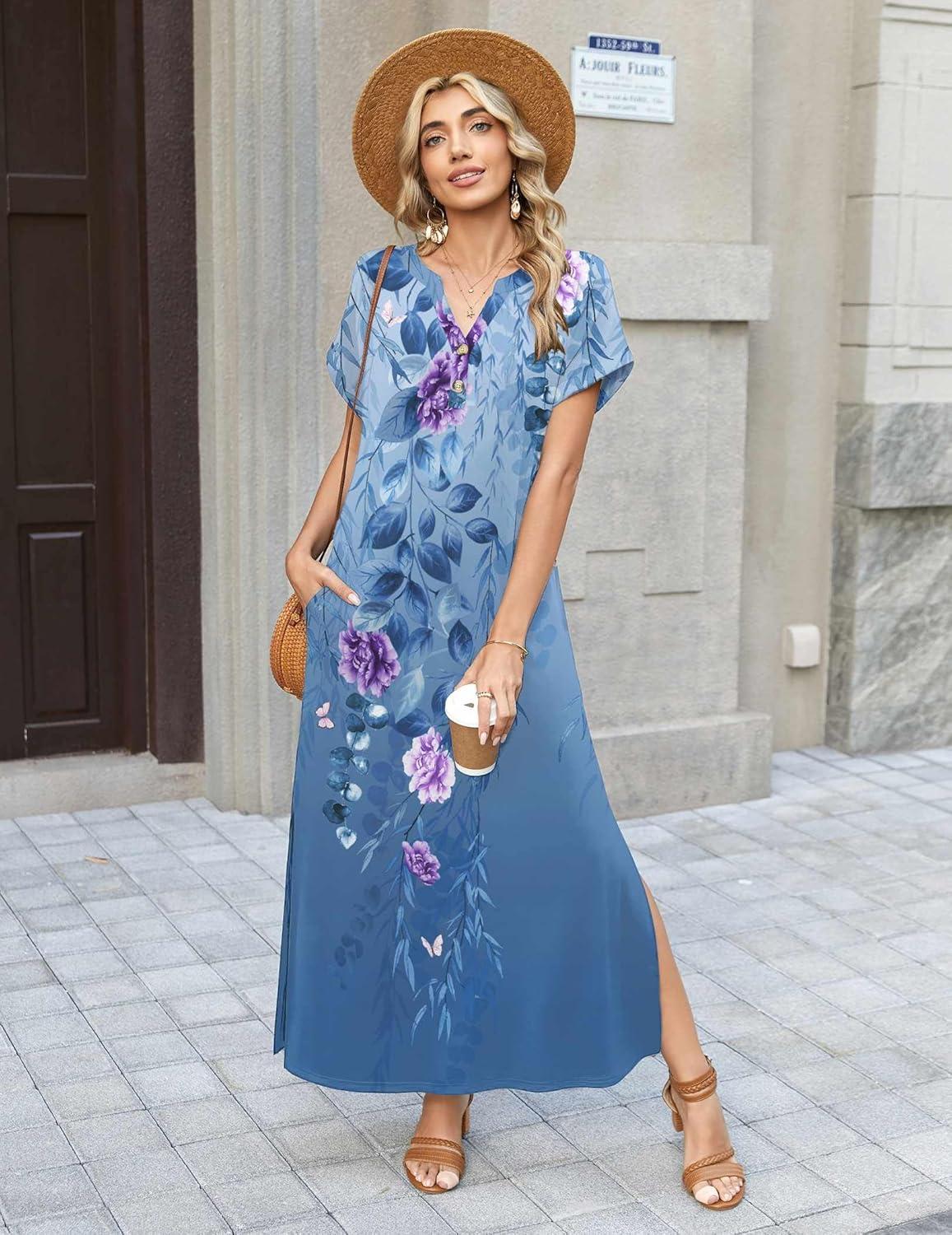 imageZeagoo Summer Dresses for Women 2026 Maxi Dresses Vacation Sundress Short Sleeve Casual Sundresses Split Dress with PocketsFloralbf171