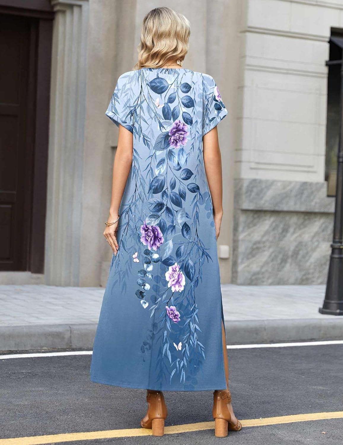 imageZeagoo Summer Dresses for Women 2026 Maxi Dresses Vacation Sundress Short Sleeve Casual Sundresses Split Dress with PocketsFloralbf171