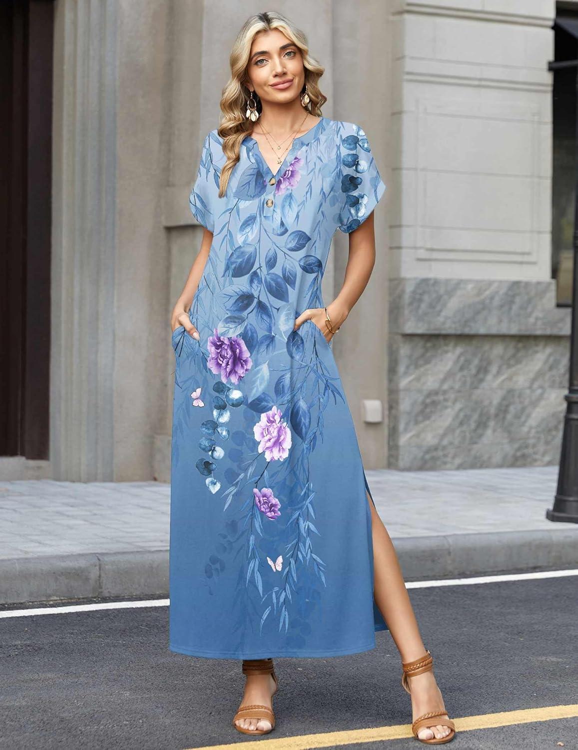 imageZeagoo Summer Dresses for Women 2026 Maxi Dresses Vacation Sundress Short Sleeve Casual Sundresses Split Dress with PocketsFloralbf171