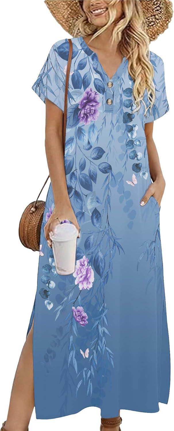 imageZeagoo Summer Dresses for Women 2026 Maxi Dresses Vacation Sundress Short Sleeve Casual Sundresses Split Dress with PocketsFloralbf171