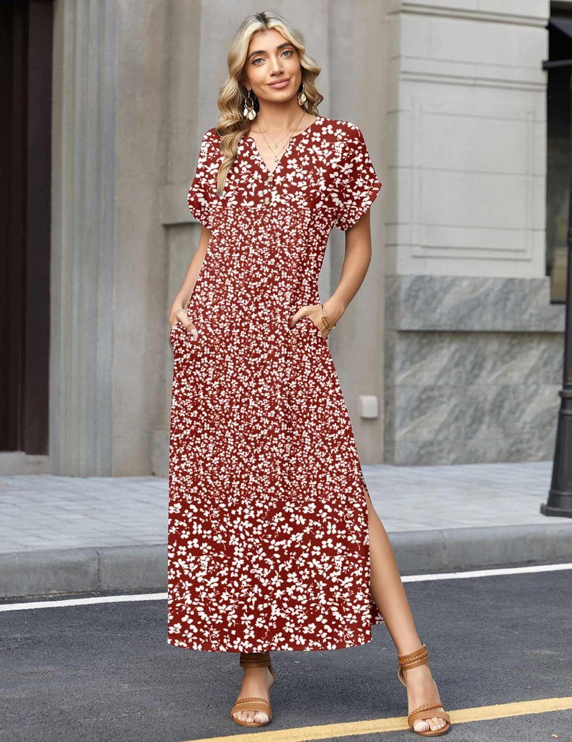 imageZeagoo Summer Dresses for Women 2026 Maxi Dresses Vacation Sundress Short Sleeve Casual Sundresses Split Dress with PocketsFloralxh518