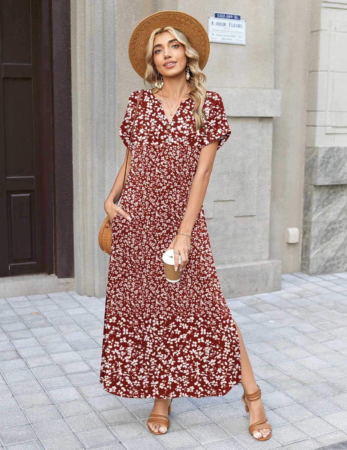 imageZeagoo Summer Dresses for Women 2026 Maxi Dresses Vacation Sundress Short Sleeve Casual Sundresses Split Dress with PocketsFloralxh518