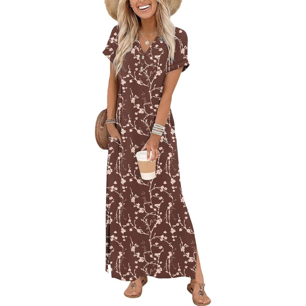 imageZeagoo Summer Dresses for Women 2026 Maxi Dresses Vacation Sundress Short Sleeve Casual Sundresses Split Dress with PocketsAfloralxh267