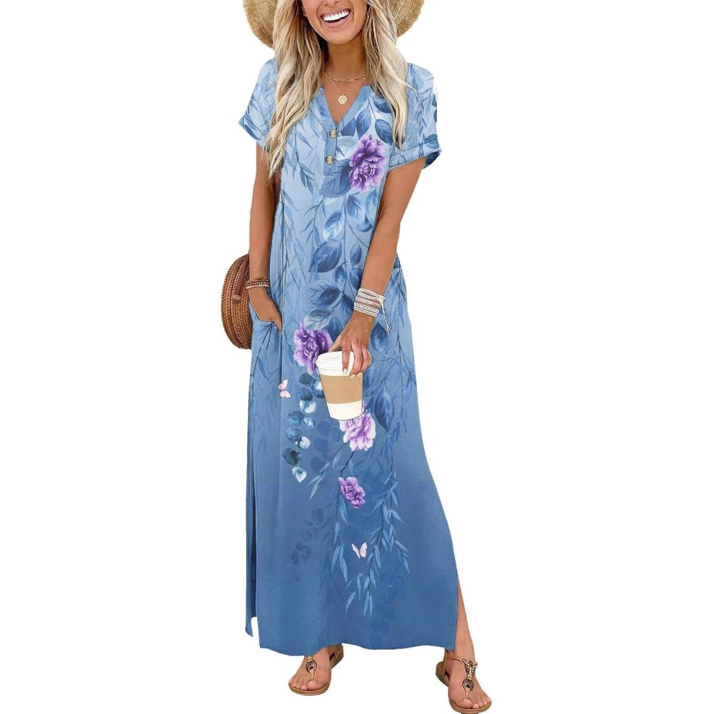 imageZeagoo Summer Dresses for Women 2026 Maxi Dresses Vacation Sundress Short Sleeve Casual Sundresses Split Dress with PocketsFloralbf171