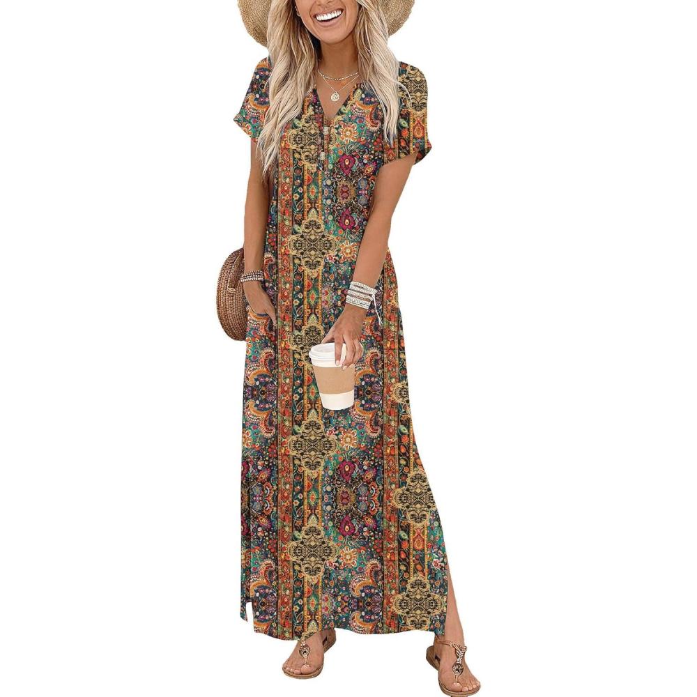 imageZeagoo Summer Dresses for Women 2026 Maxi Dresses Vacation Sundress Short Sleeve Casual Sundresses Split Dress with PocketsFloralmz721