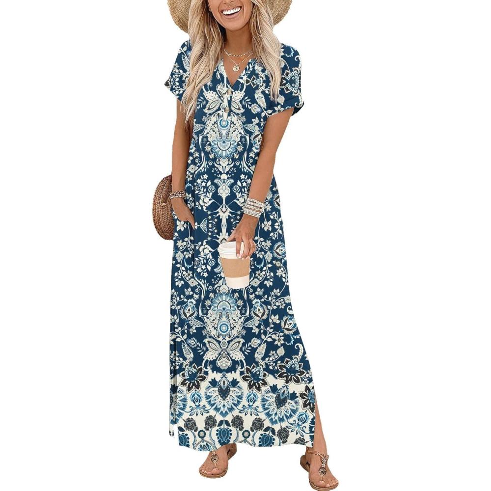 imageZeagoo Summer Dresses for Women 2026 Maxi Dresses Vacation Sundress Short Sleeve Casual Sundresses Split Dress with PocketsFloralmz924