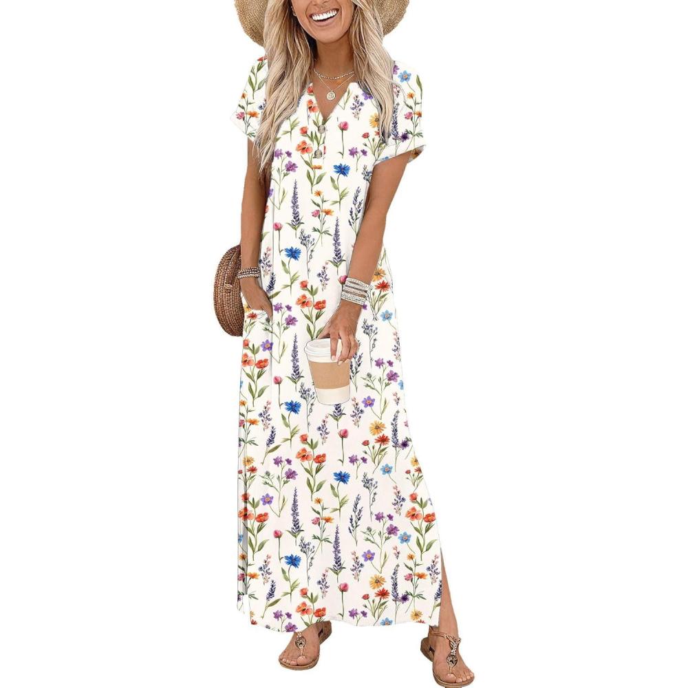 imageZeagoo Summer Dresses for Women 2026 Maxi Dresses Vacation Sundress Short Sleeve Casual Sundresses Split Dress with PocketsFloralwf109