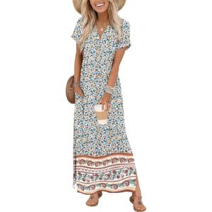 Zeagoo Summer Dresses for Women 2026 Maxi Dresses Vacation Sundress Short Sleeve Casual Sundresses Split Dress with Pockets(Floral-mz914)