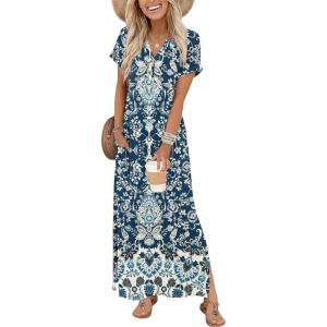 Zeagoo Summer Dresses for Women 2026 Maxi Dresses Vacation Sundress Short Sleeve Casual Sundresses Split Dress with Pockets(Floral-mz924)