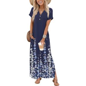 Zeagoo Summer Dresses for Women 2026 Maxi Dresses Vacation Sundress Short Sleeve Casual Sundresses Split Dress with Pockets(Floral-sf119)
