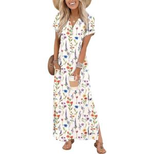 Zeagoo Summer Dresses for Women 2026 Maxi Dresses Vacation Sundress Short Sleeve Casual Sundresses Split Dress with Pockets(Floral-wf109)
