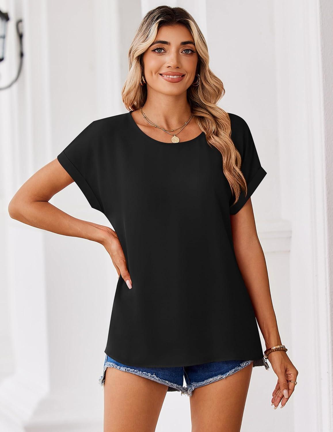 imageZeagoo Womens Blouses Chiffon Short Sleeve Tops Crew Neck Work Casual Shirts Spring Summer ClothesBlack