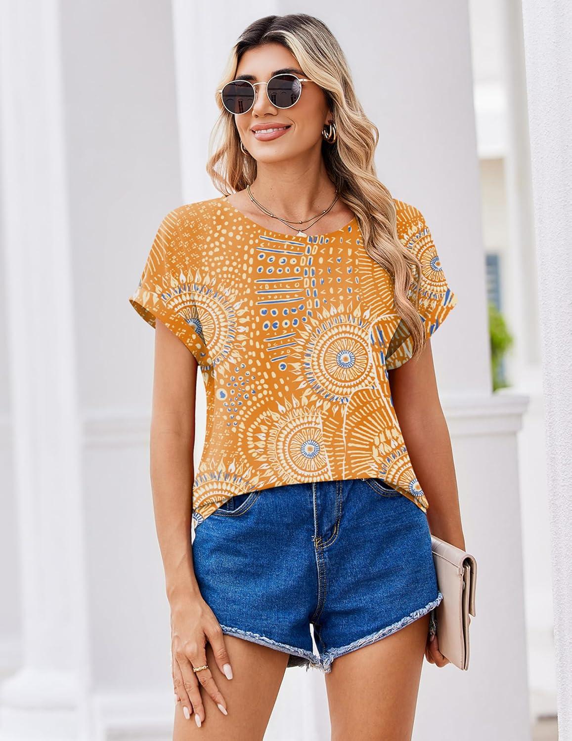 imageZeagoo Womens Blouses Chiffon Short Sleeve Tops Crew Neck Work Casual Shirts Spring Summer ClothesCx294
