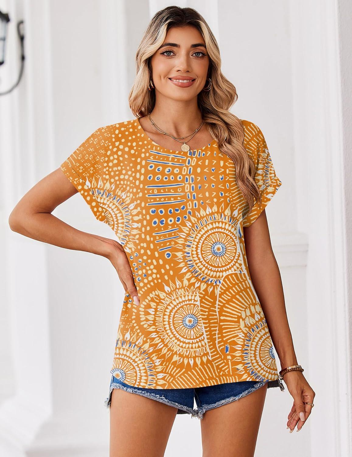 imageZeagoo Womens Blouses Chiffon Short Sleeve Tops Crew Neck Work Casual Shirts Spring Summer ClothesCx294