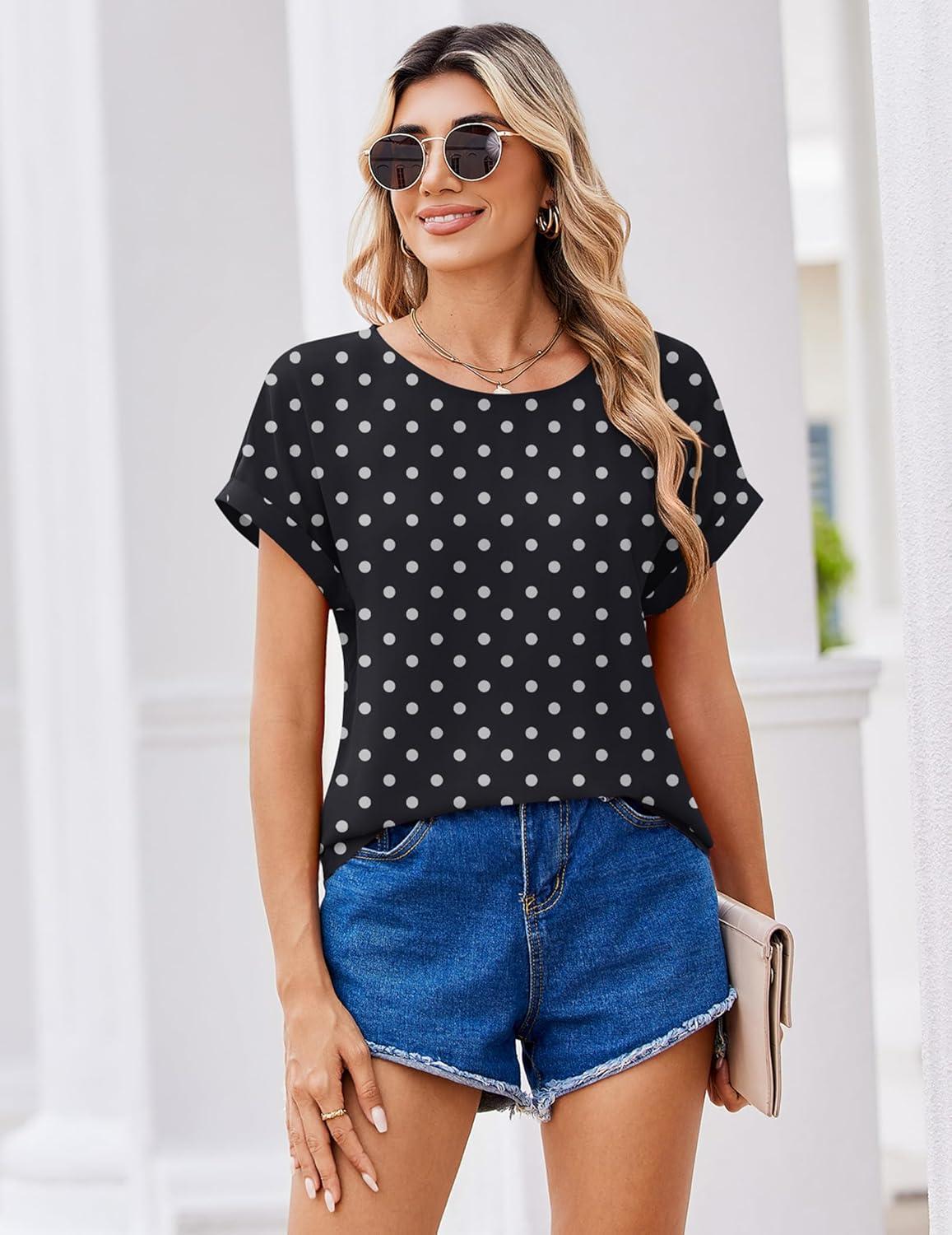 imageZeagoo Womens Blouses Chiffon Short Sleeve Tops Crew Neck Work Casual Shirts Spring Summer ClothesJh606