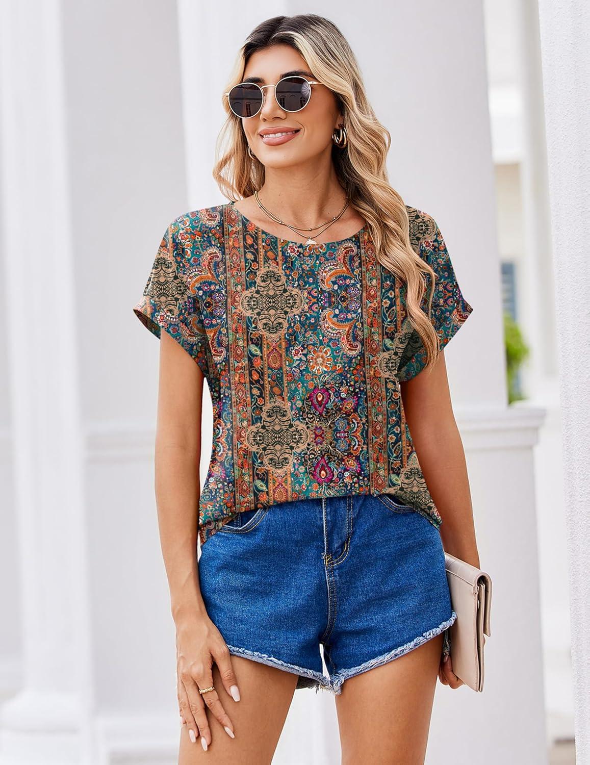 imageZeagoo Womens Blouses Chiffon Short Sleeve Tops Crew Neck Work Casual Shirts Spring Summer ClothesMz721