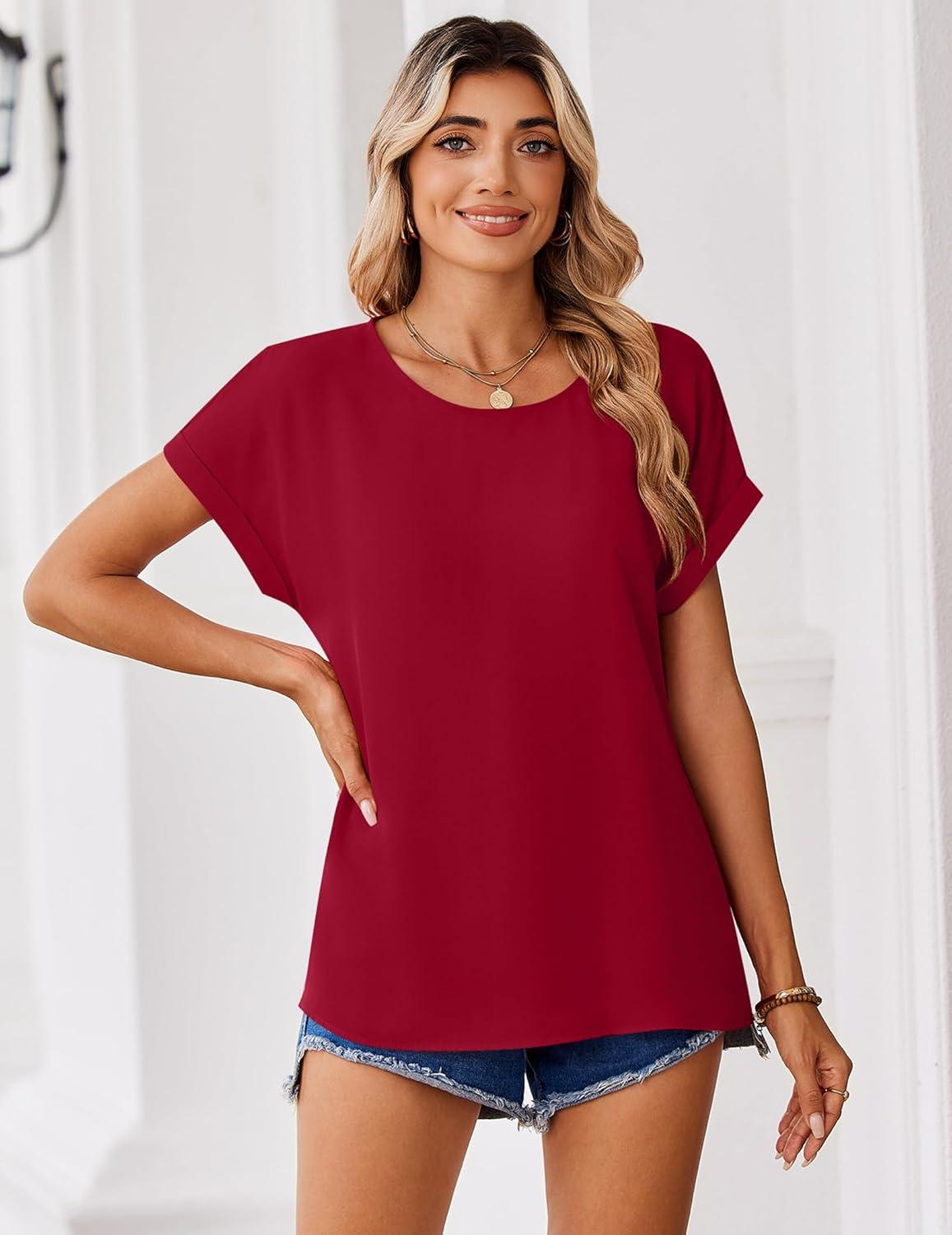 imageZeagoo Womens Blouses Chiffon Short Sleeve Tops Crew Neck Work Casual Shirts Spring Summer ClothesRed