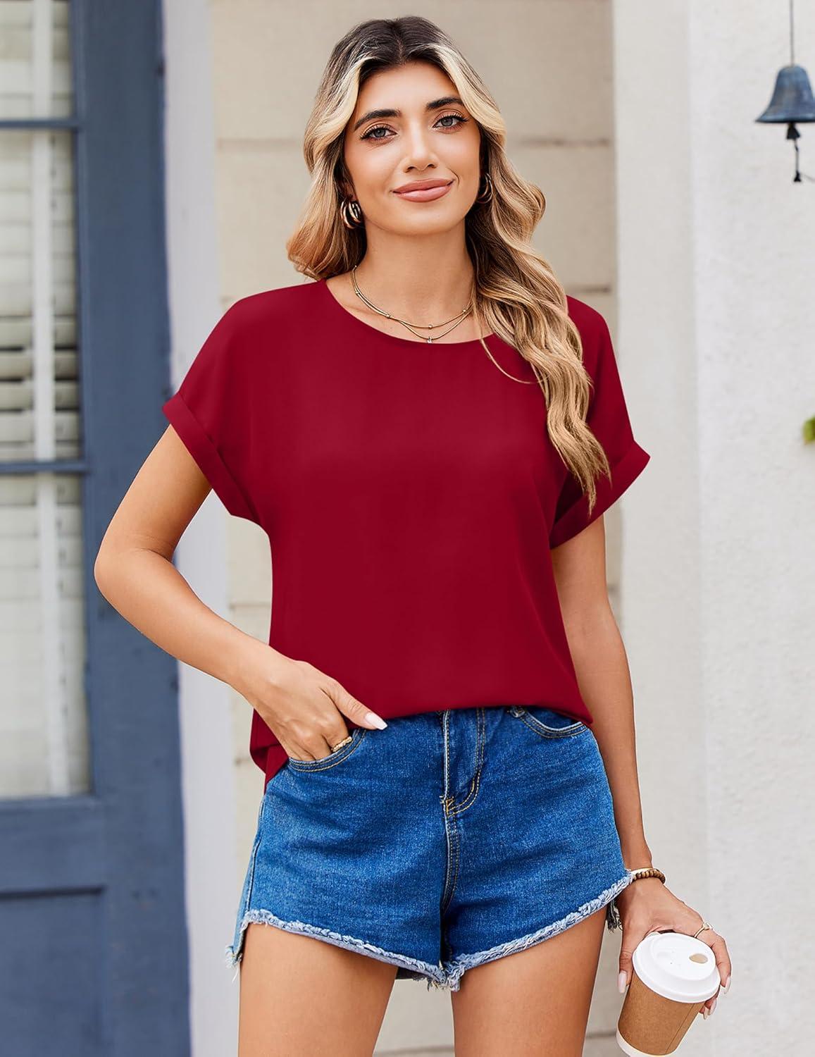 imageZeagoo Womens Blouses Chiffon Short Sleeve Tops Crew Neck Work Casual Shirts Spring Summer ClothesRed