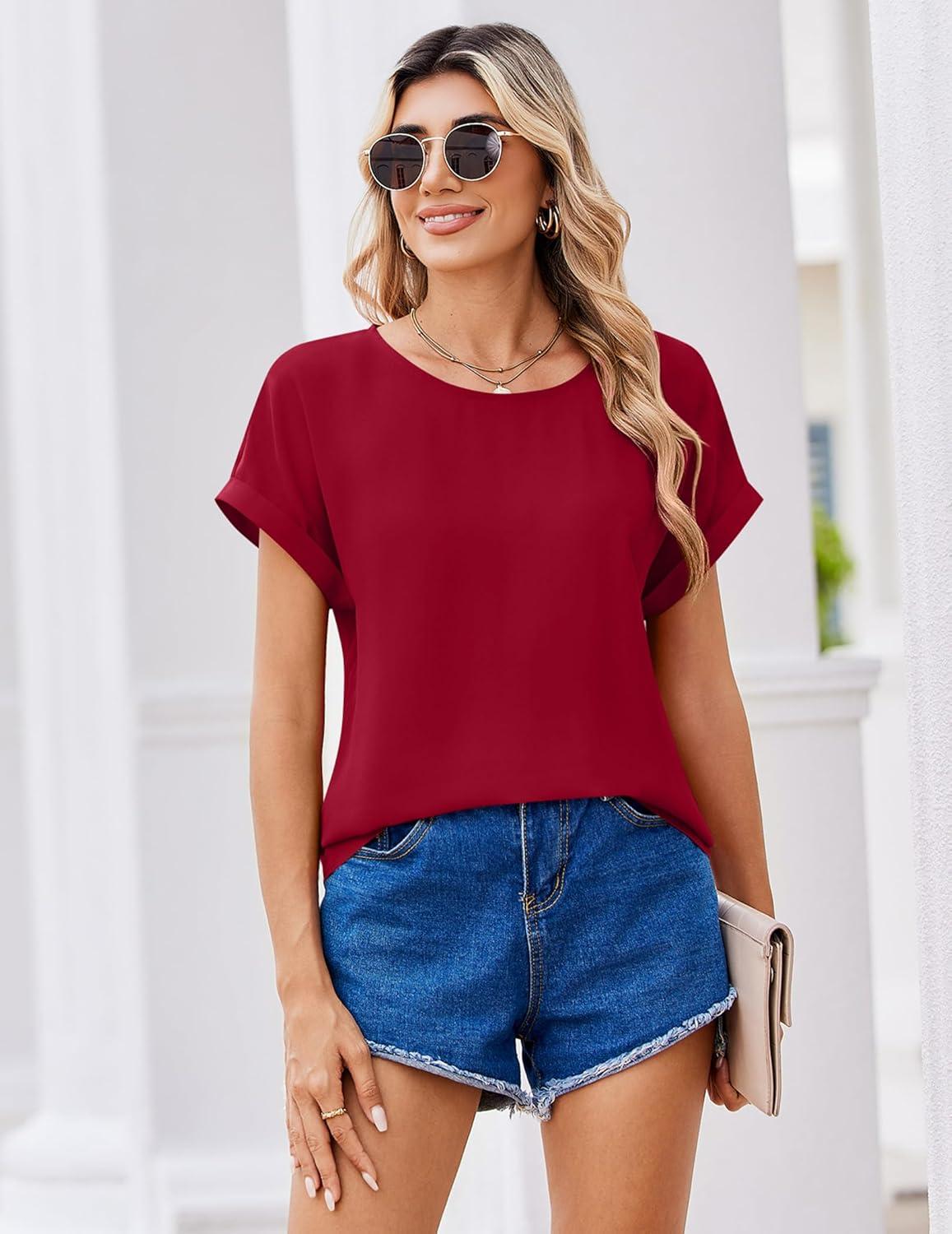 imageZeagoo Womens Blouses Chiffon Short Sleeve Tops Crew Neck Work Casual Shirts Spring Summer ClothesRed