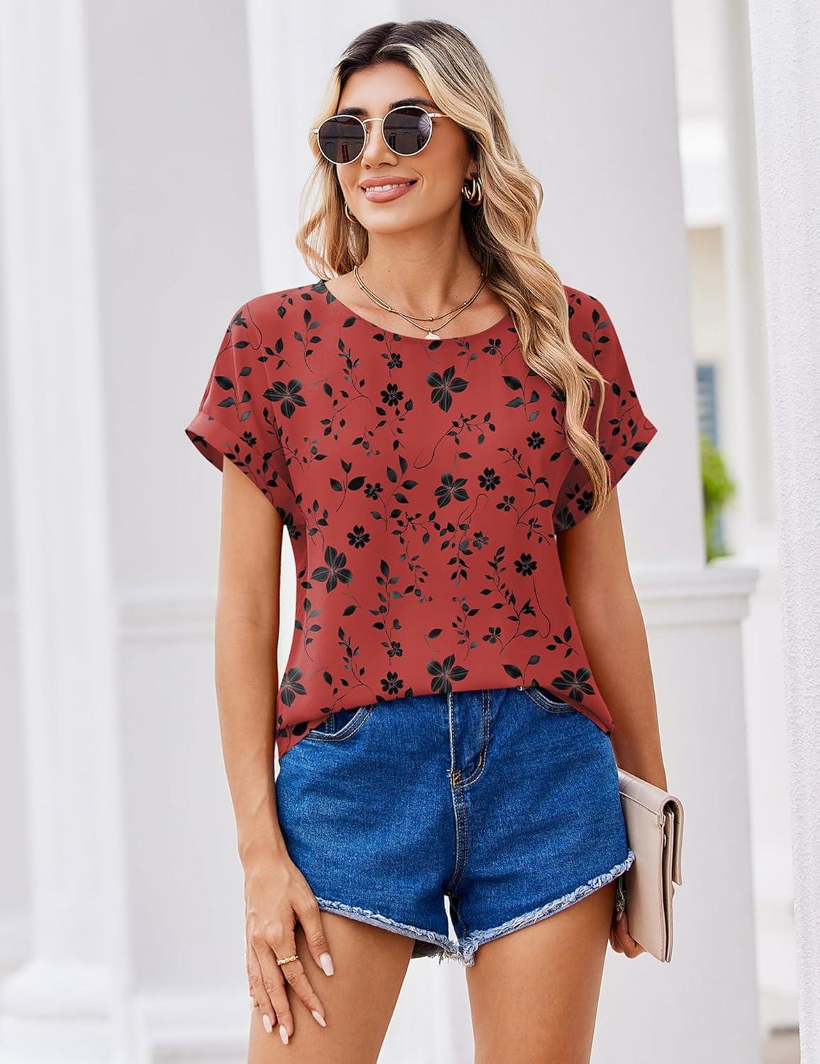 imageZeagoo Womens Blouses Chiffon Short Sleeve Tops Crew Neck Work Casual Shirts Spring Summer ClothesSf290