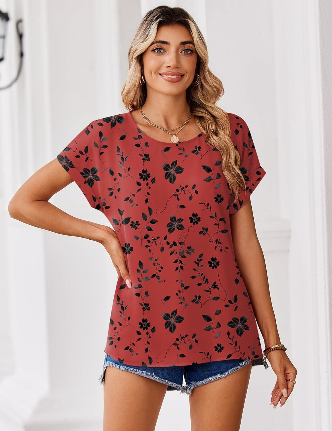 imageZeagoo Womens Blouses Chiffon Short Sleeve Tops Crew Neck Work Casual Shirts Spring Summer ClothesSf290