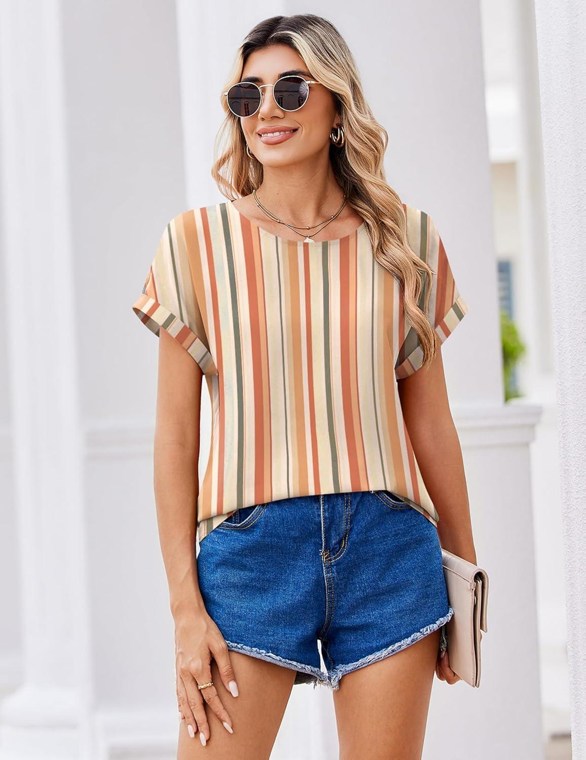imageZeagoo Womens Blouses Chiffon Short Sleeve Tops Crew Neck Work Casual Shirts Spring Summer ClothesTw720