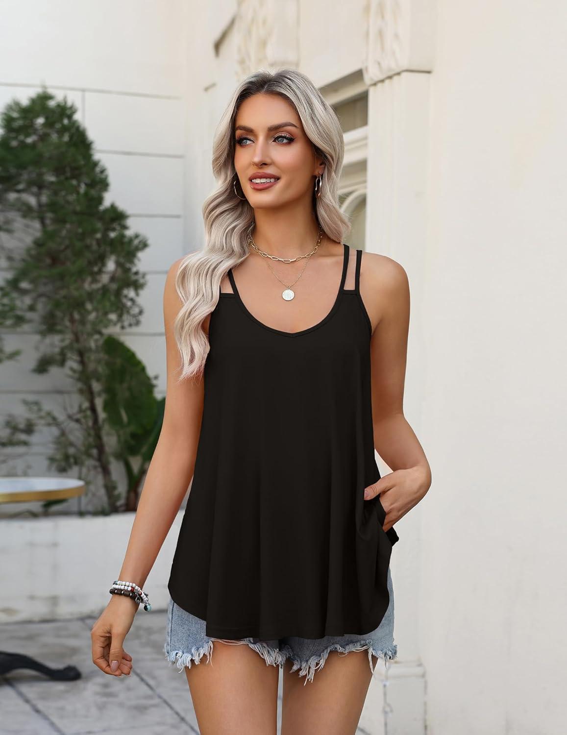 imageZeagoo Womens Flowy Tank Tops Spaghetti Strap V Neck Camisole Dressy Casual Summer Loose Fit Sleeveless ShirtsBlack