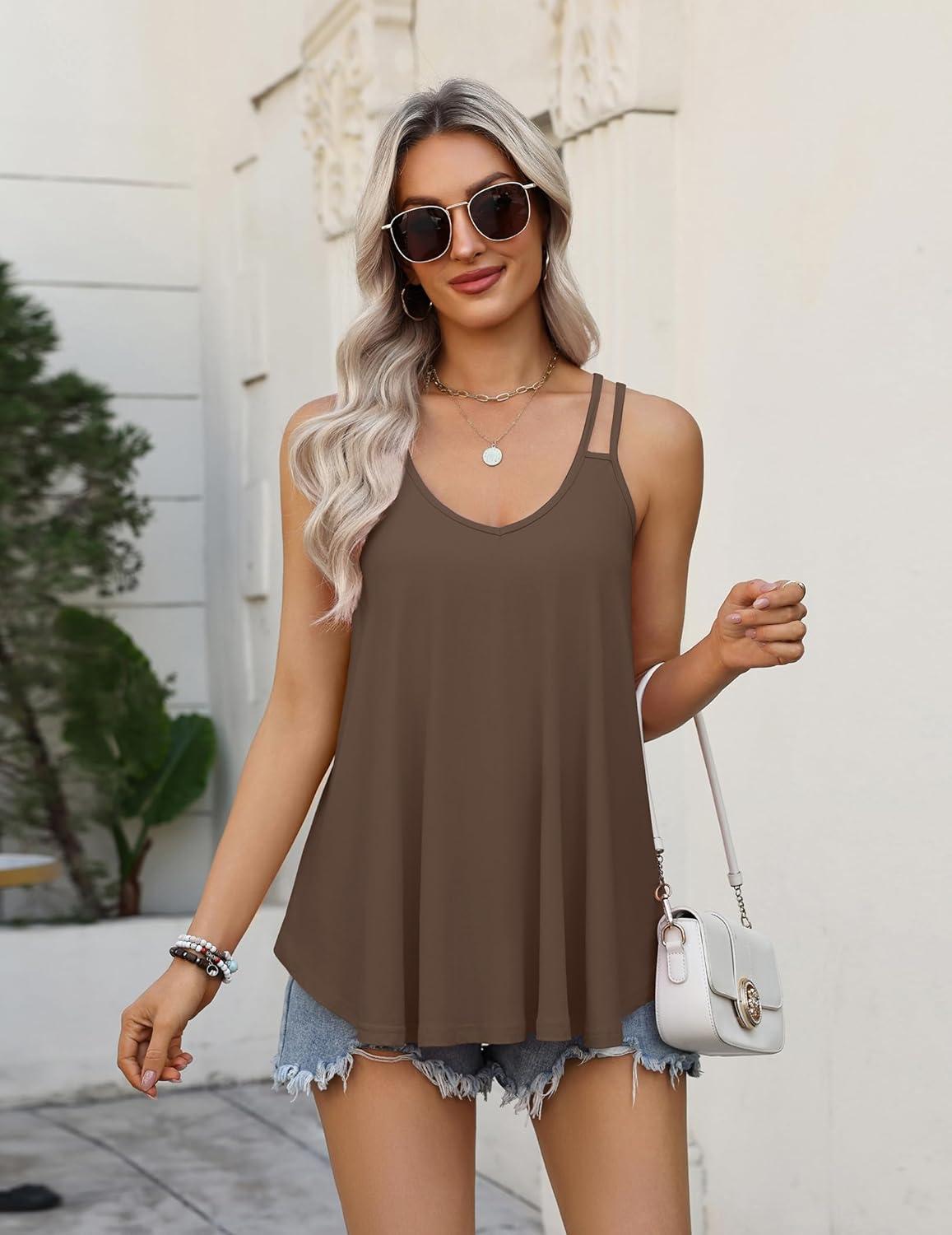 imageZeagoo Womens Flowy Tank Tops Spaghetti Strap V Neck Camisole Dressy Casual Summer Loose Fit Sleeveless ShirtsBrown