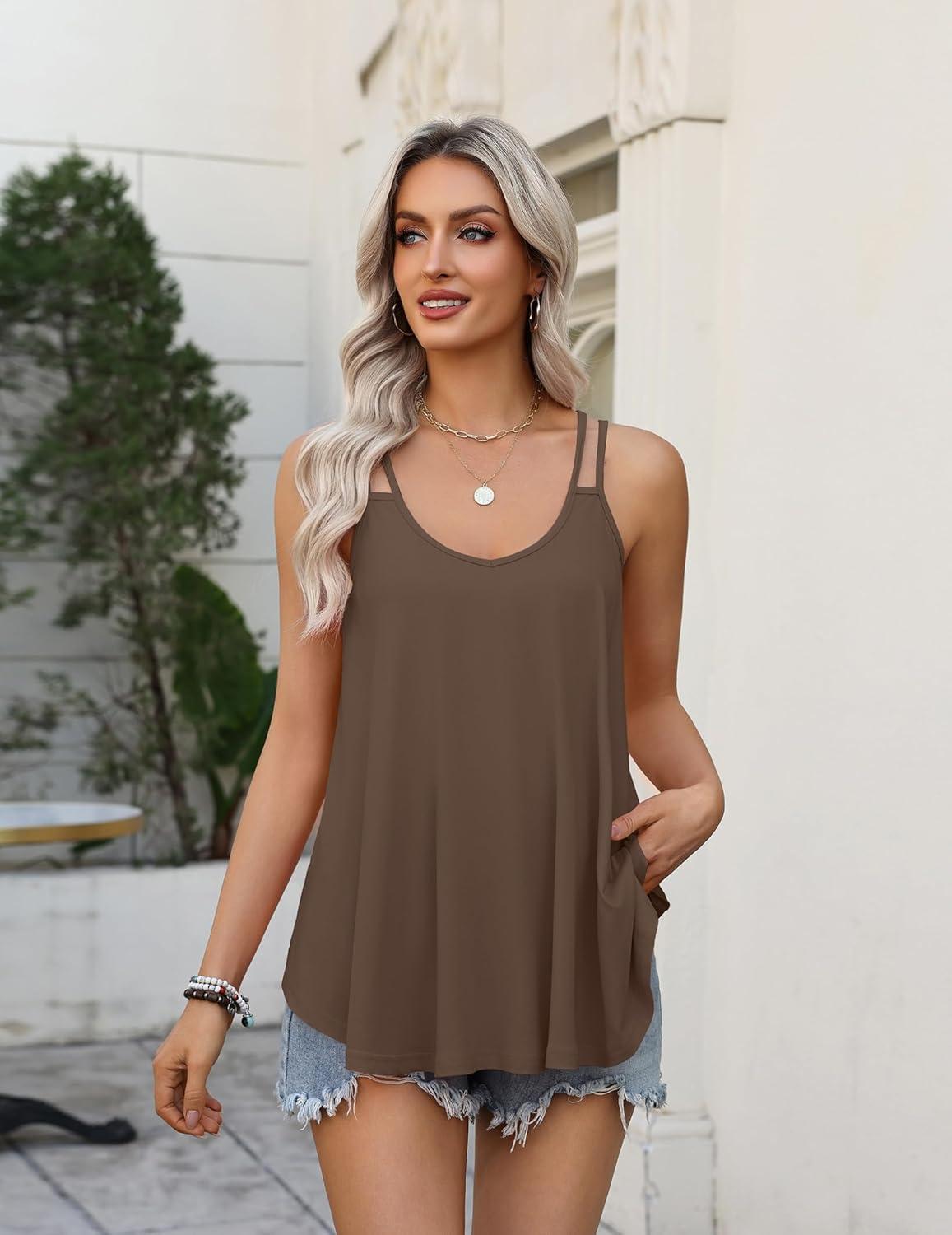 imageZeagoo Womens Flowy Tank Tops Spaghetti Strap V Neck Camisole Dressy Casual Summer Loose Fit Sleeveless ShirtsBrown