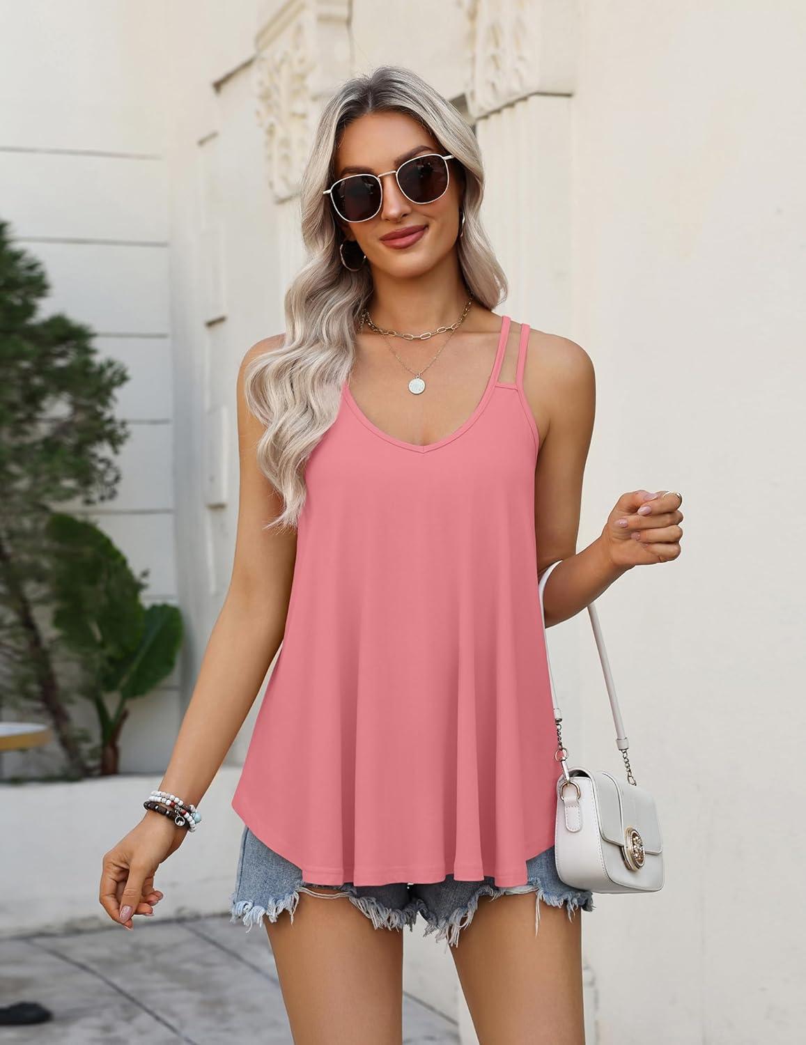 imageZeagoo Womens Flowy Tank Tops Spaghetti Strap V Neck Camisole Dressy Casual Summer Loose Fit Sleeveless ShirtsCoral