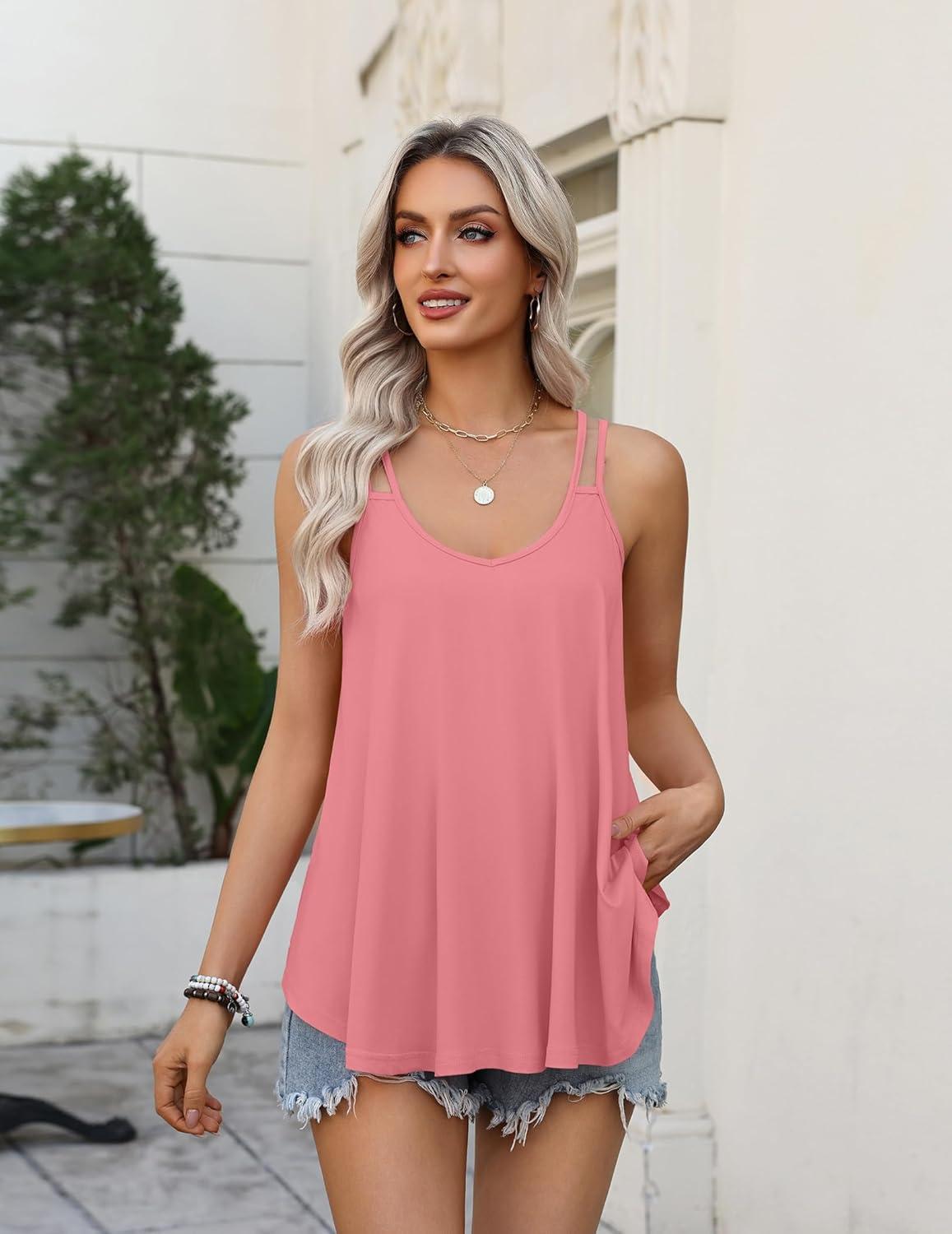 imageZeagoo Womens Flowy Tank Tops Spaghetti Strap V Neck Camisole Dressy Casual Summer Loose Fit Sleeveless ShirtsCoral