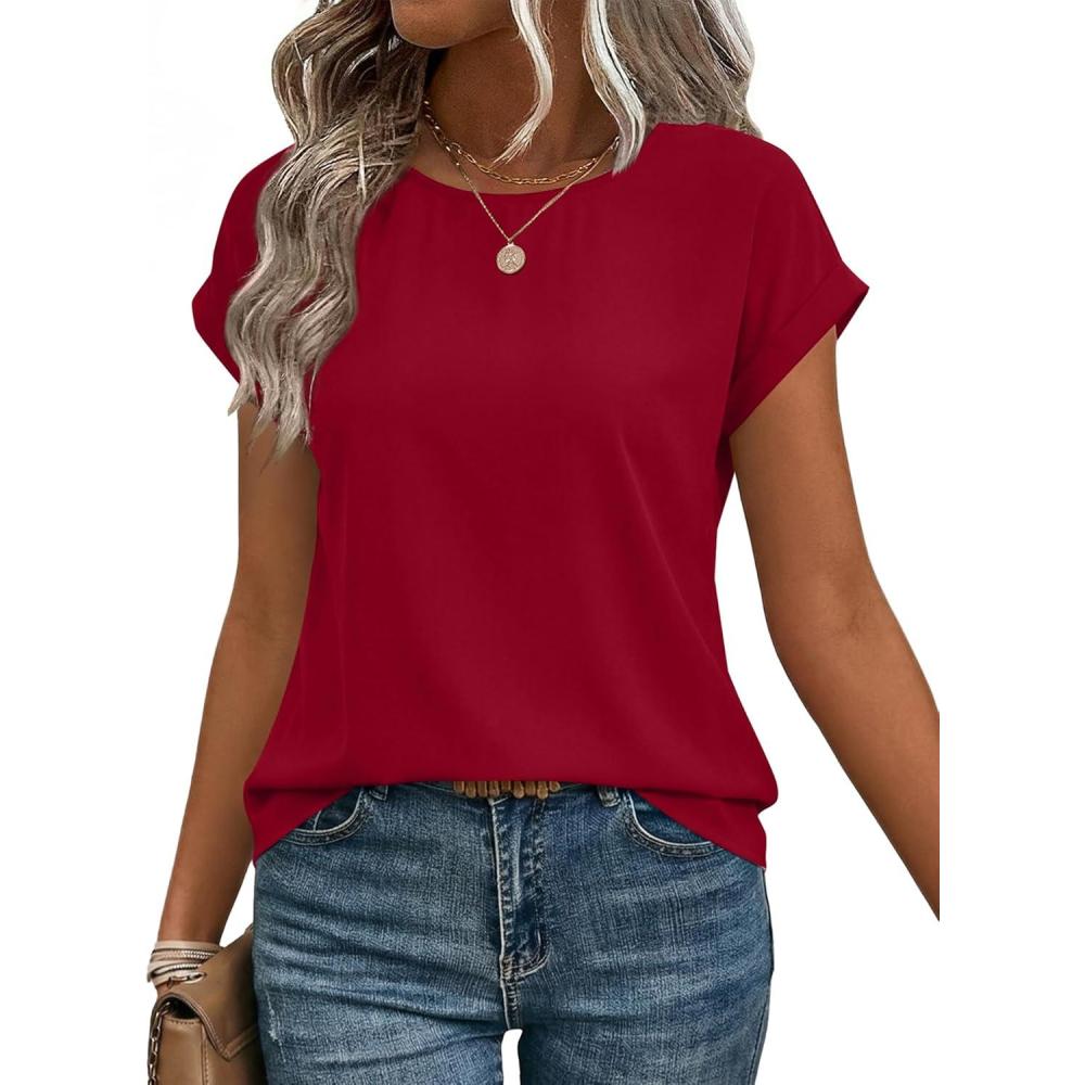 imageZeagoo Womens Blouses Chiffon Short Sleeve Tops Crew Neck Work Casual Shirts Spring Summer ClothesRed