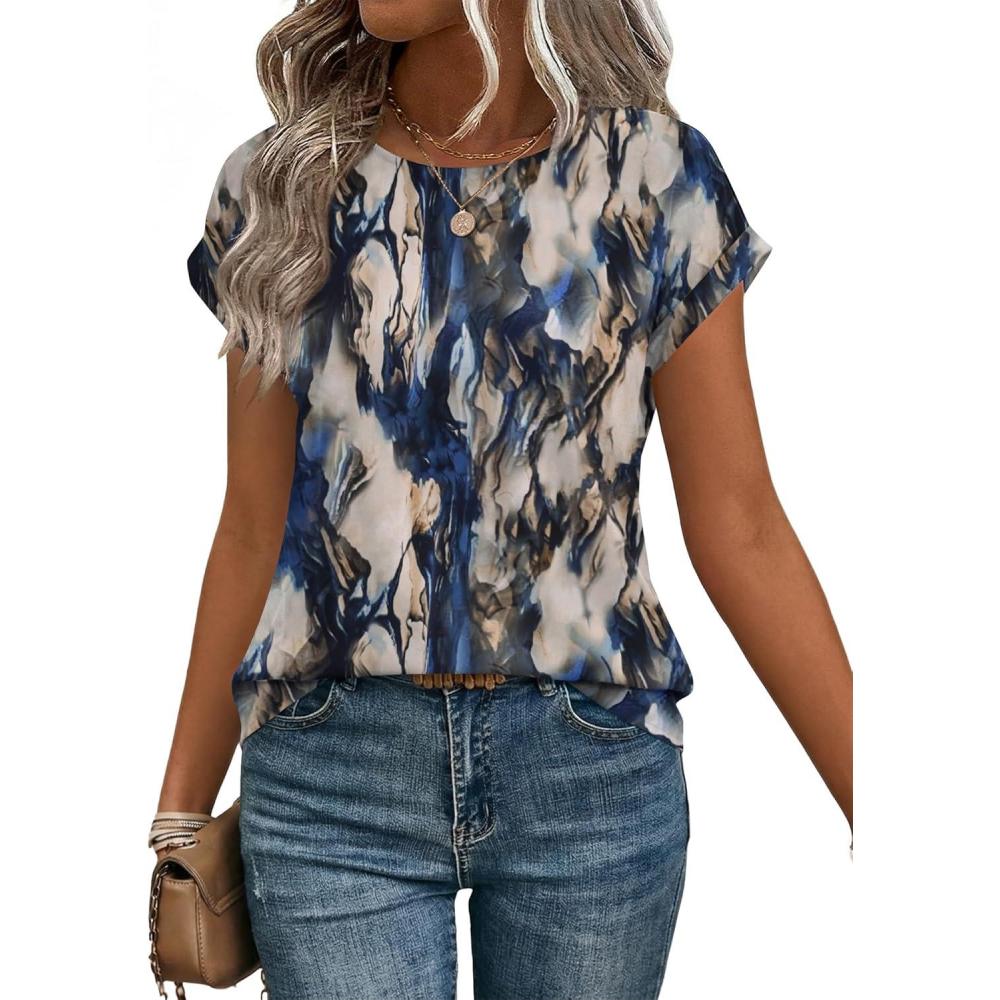 imageZeagoo Womens Blouses Chiffon Short Sleeve Tops Crew Neck Work Casual Shirts Spring Summer ClothesZr220