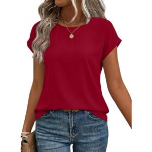 Zeagoo Womens Blouses Chiffon Short Sleeve Tops Crew Neck Work Casual Shirts Spring Summer Clothes(Red)