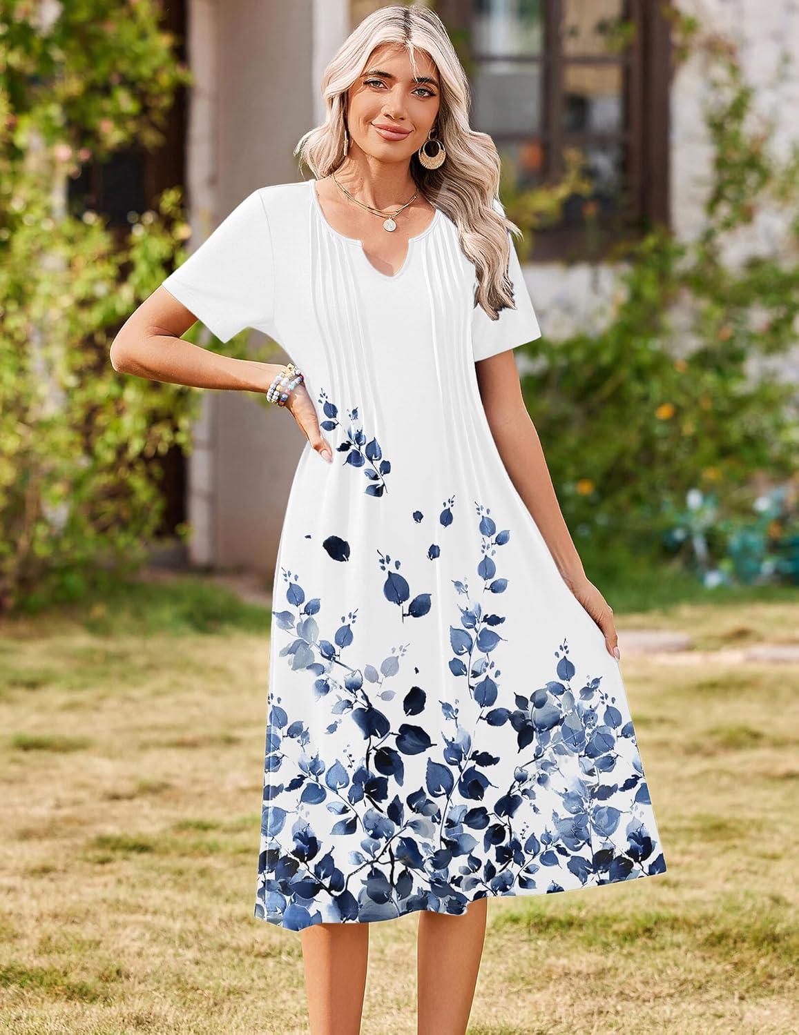 imageZeagoo Summer Dresses for Women 2026 Casual Short Sleeve Aline Midi Dress with Pocket Flowy Pleated Tshirt Beach SundressWf118
