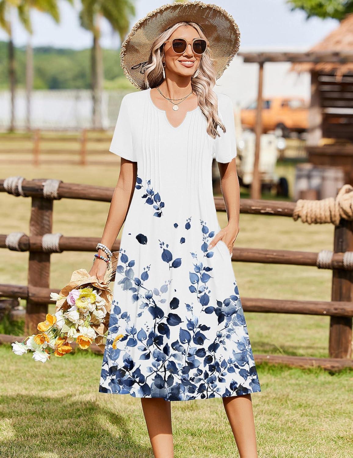 imageZeagoo Summer Dresses for Women 2026 Casual Short Sleeve Aline Midi Dress with Pocket Flowy Pleated Tshirt Beach SundressWf118