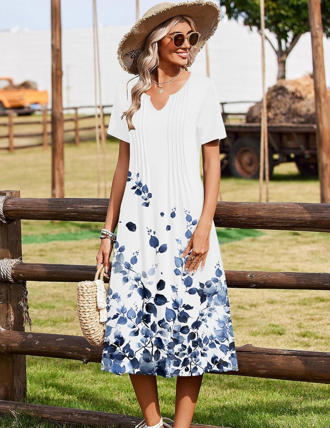imageZeagoo Summer Dresses for Women 2026 Casual Short Sleeve Aline Midi Dress with Pocket Flowy Pleated Tshirt Beach SundressWf118