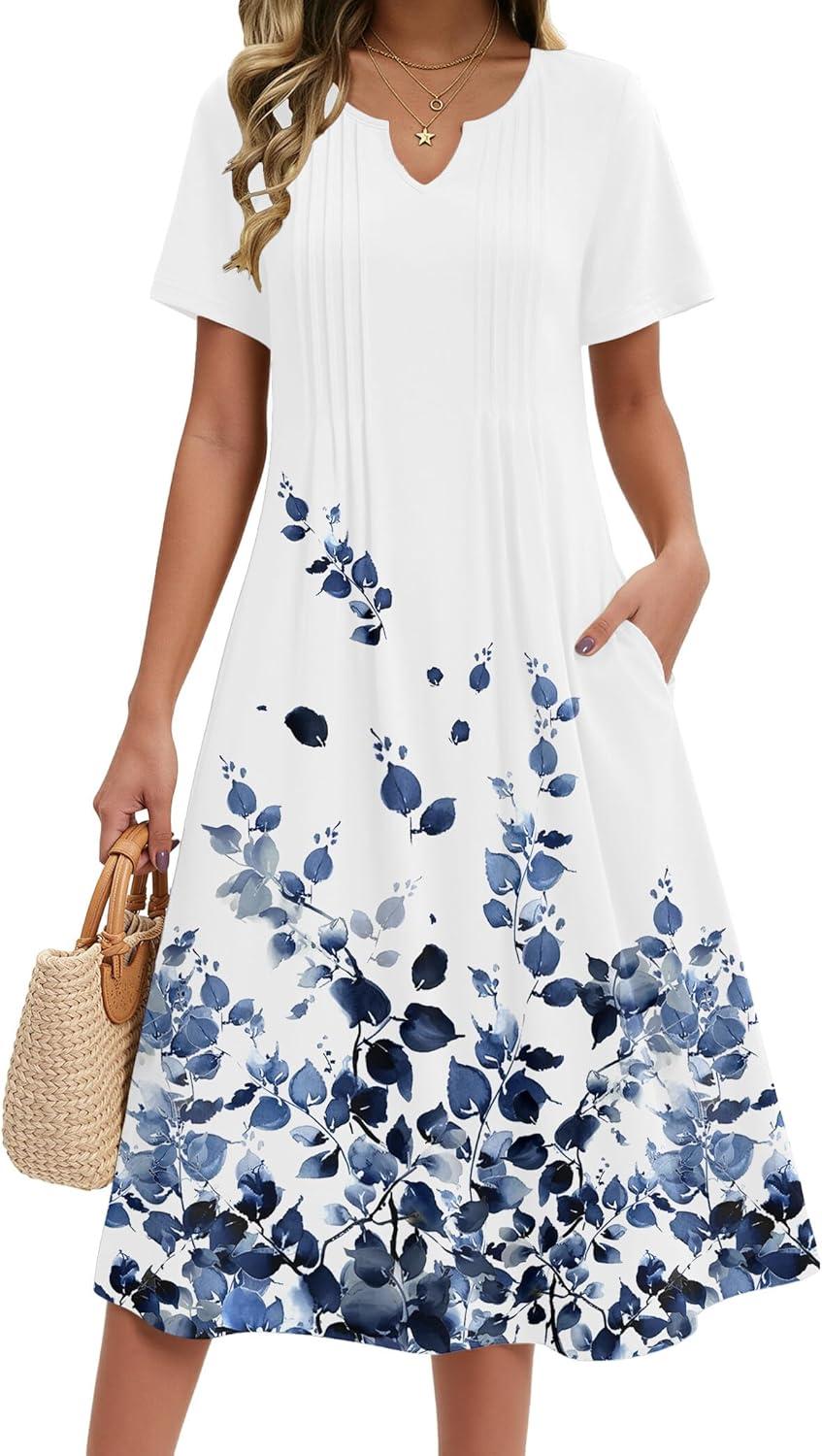 imageZeagoo Summer Dresses for Women 2026 Casual Short Sleeve Aline Midi Dress with Pocket Flowy Pleated Tshirt Beach SundressWf118