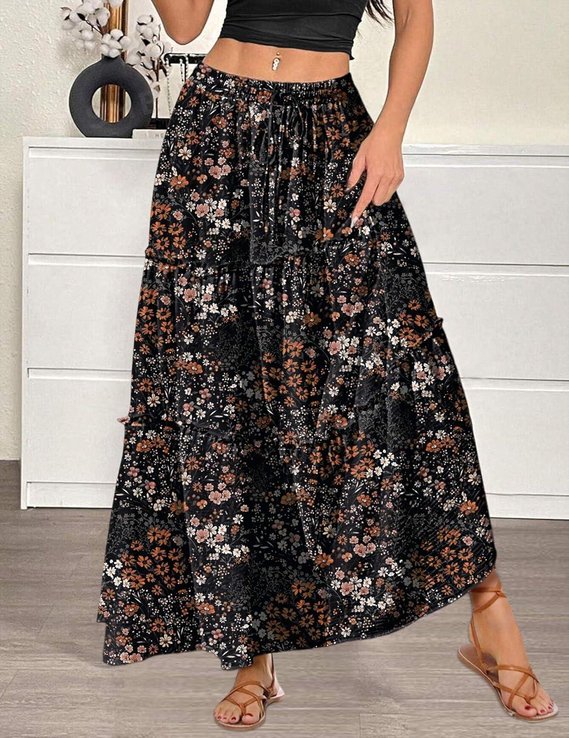 imageZeagoo Womens Casual Maxi Skirts for Women 2026 High Waist Boho Skirts Floral Printed Long Flowy Skirt with PocketsBlack Floralprinted