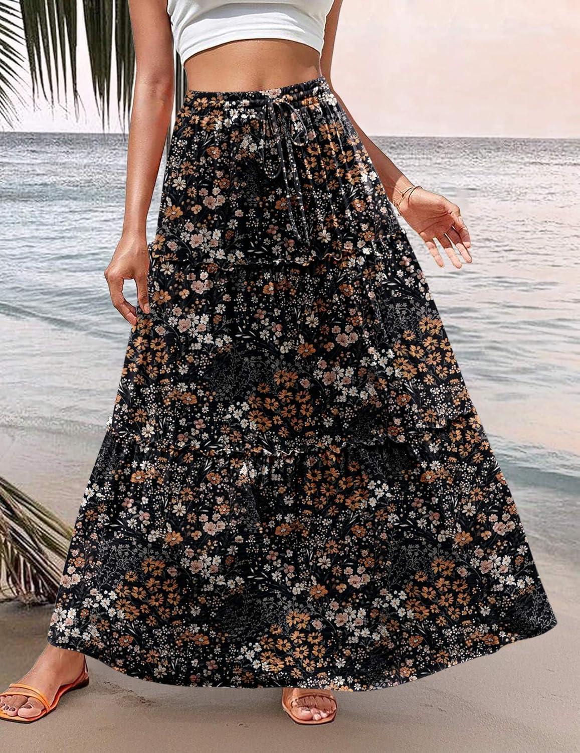 imageZeagoo Womens Casual Maxi Skirts for Women 2026 High Waist Boho Skirts Floral Printed Long Flowy Skirt with PocketsBlack Floralprinted