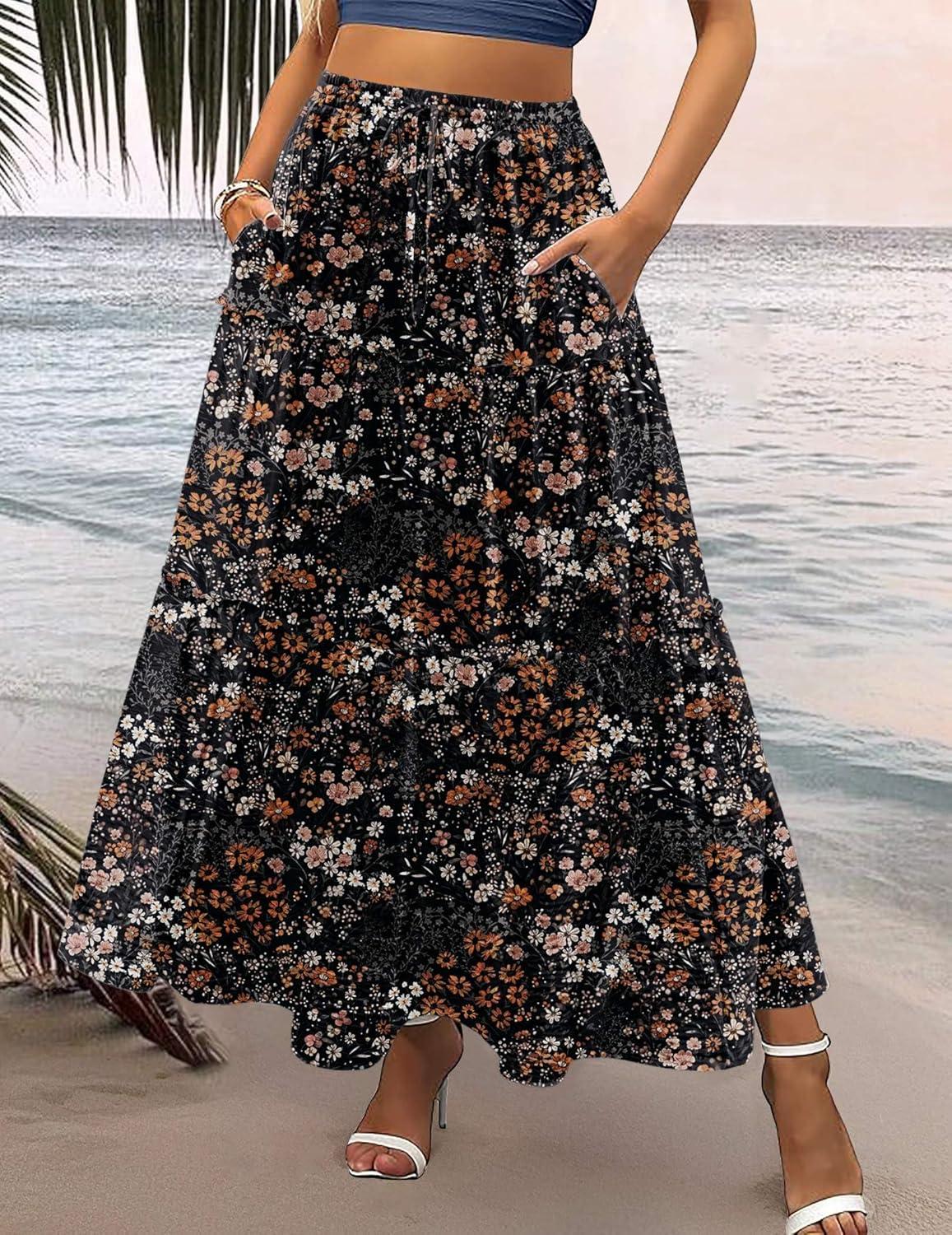 imageZeagoo Womens Casual Maxi Skirts for Women 2026 High Waist Boho Skirts Floral Printed Long Flowy Skirt with PocketsBlack Floralprinted