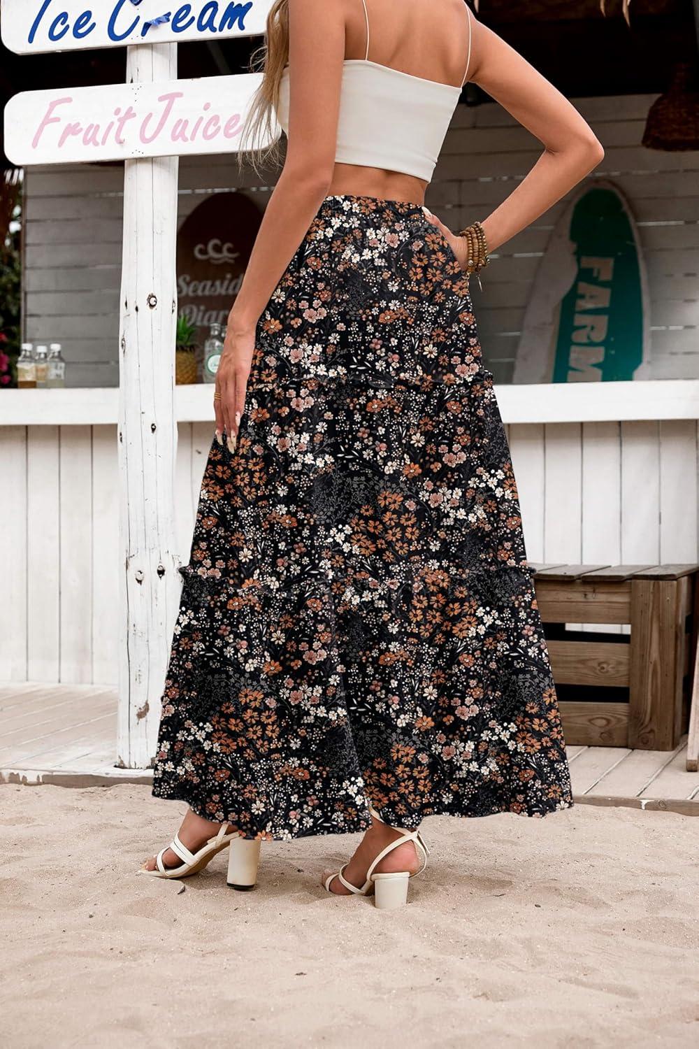imageZeagoo Womens Casual Maxi Skirts for Women 2026 High Waist Boho Skirts Floral Printed Long Flowy Skirt with PocketsBlack Floralprinted