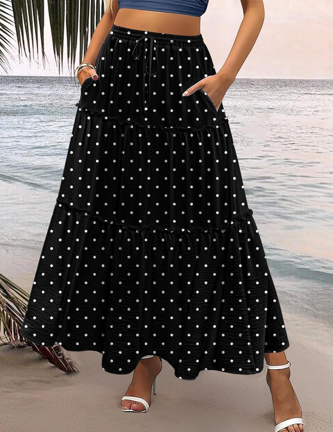 imageZeagoo Womens Casual Maxi Skirts for Women 2026 High Waist Boho Skirts Floral Printed Long Flowy Skirt with PocketsWhite Dot