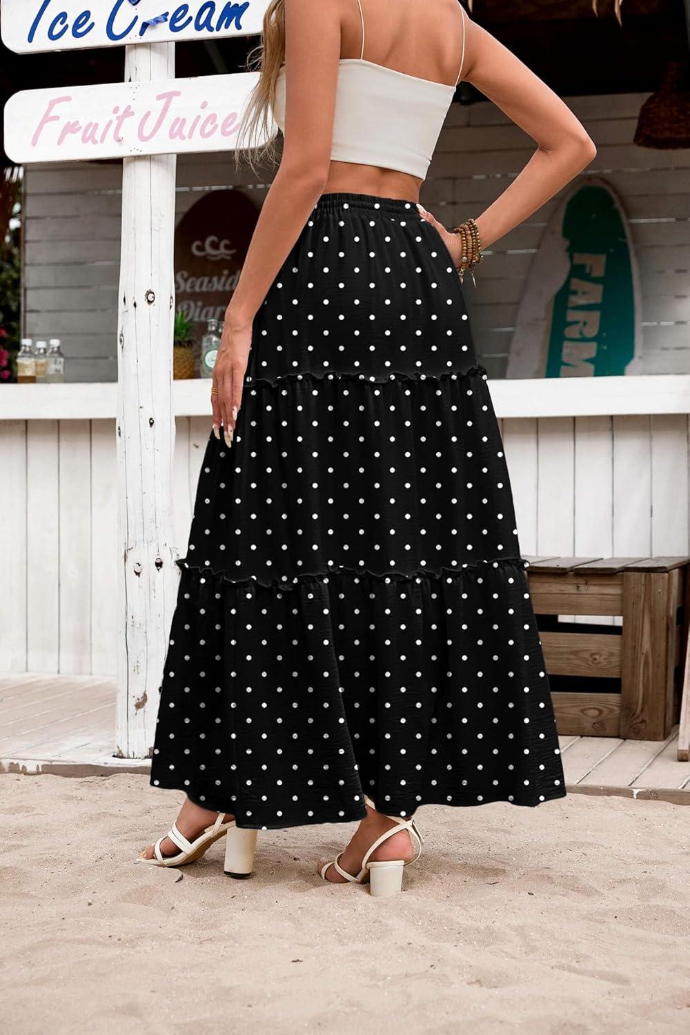 imageZeagoo Womens Casual Maxi Skirts for Women 2026 High Waist Boho Skirts Floral Printed Long Flowy Skirt with PocketsWhite Dot