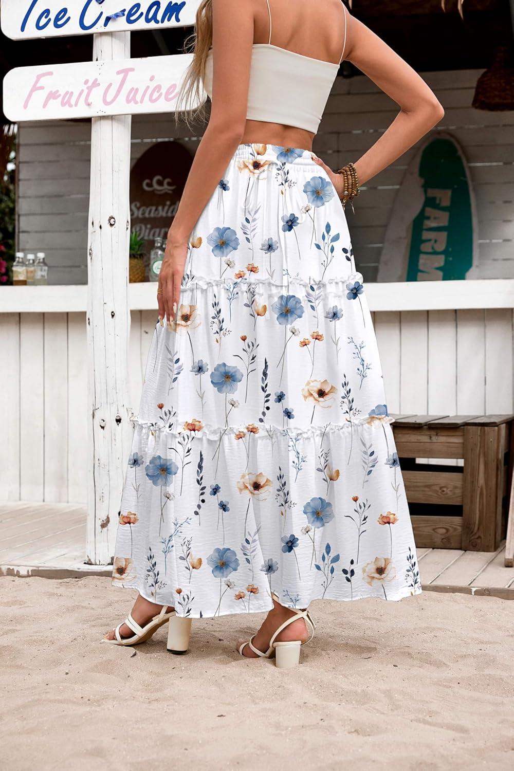 imageZeagoo Womens Casual Maxi Skirts for Women 2026 High Waist Boho Skirts Floral Printed Long Flowy Skirt with PocketsWhite Floralprinted