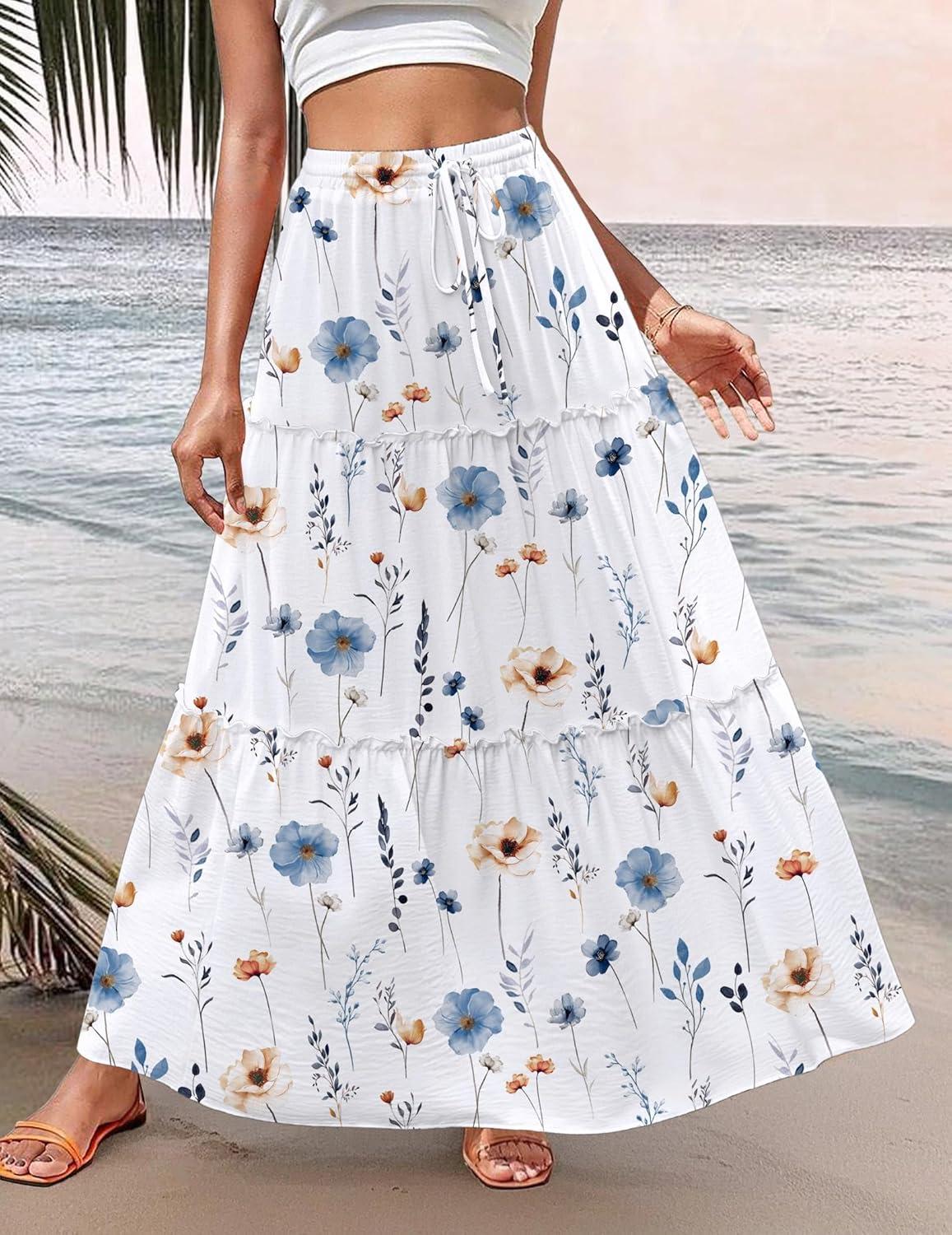 imageZeagoo Womens Casual Maxi Skirts for Women 2026 High Waist Boho Skirts Floral Printed Long Flowy Skirt with PocketsWhite Floralprinted