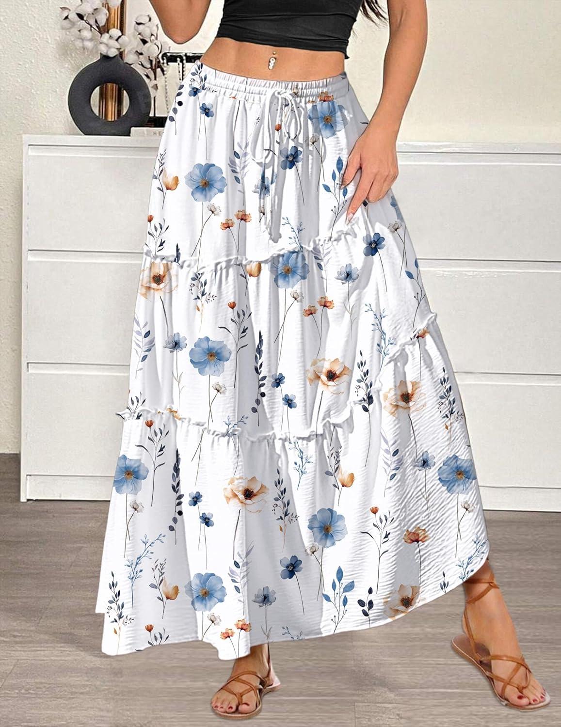 imageZeagoo Womens Casual Maxi Skirts for Women 2026 High Waist Boho Skirts Floral Printed Long Flowy Skirt with PocketsWhite Floralprinted