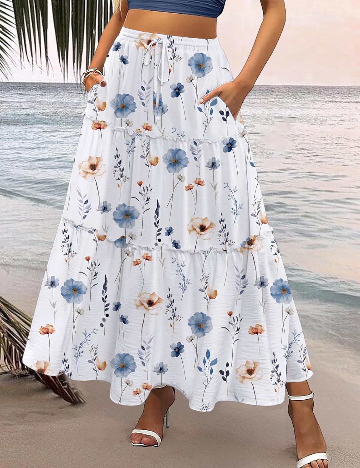 imageZeagoo Womens Casual Maxi Skirts for Women 2026 High Waist Boho Skirts Floral Printed Long Flowy Skirt with PocketsWhite Floralprinted