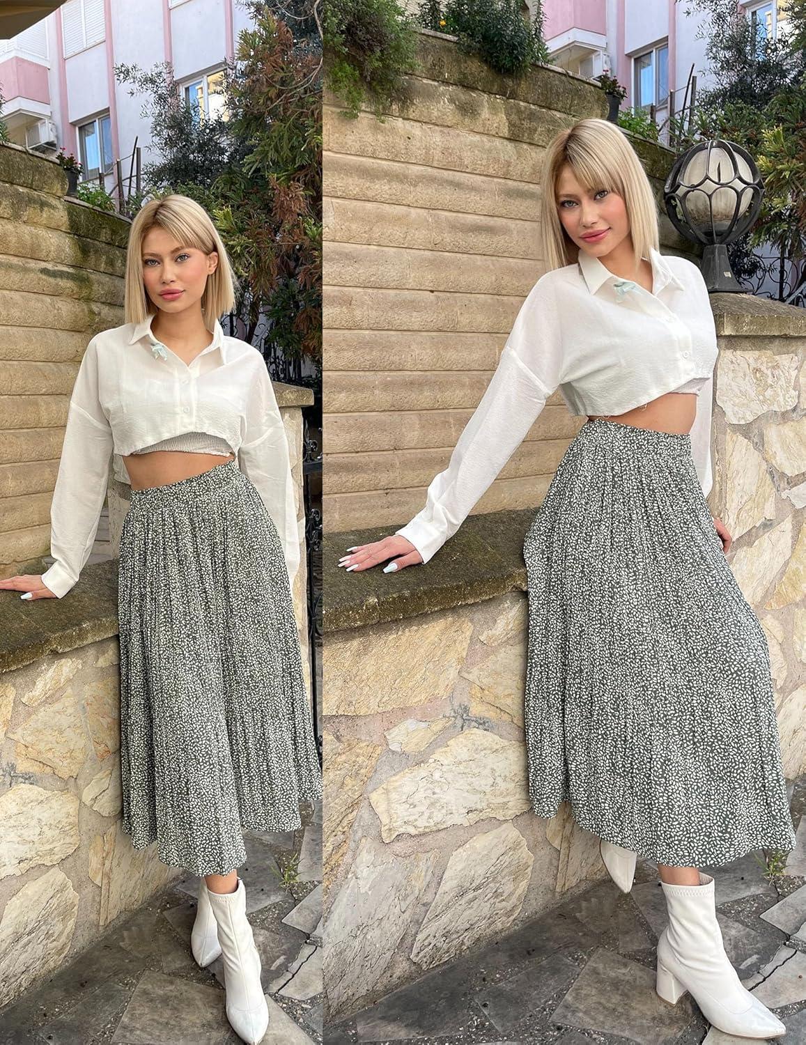 imageZeagoo Womens Midi Skirts High Waisted Pleated ALine Swing Skirts Summer Floral Long Skirts with Pockets01green Floral